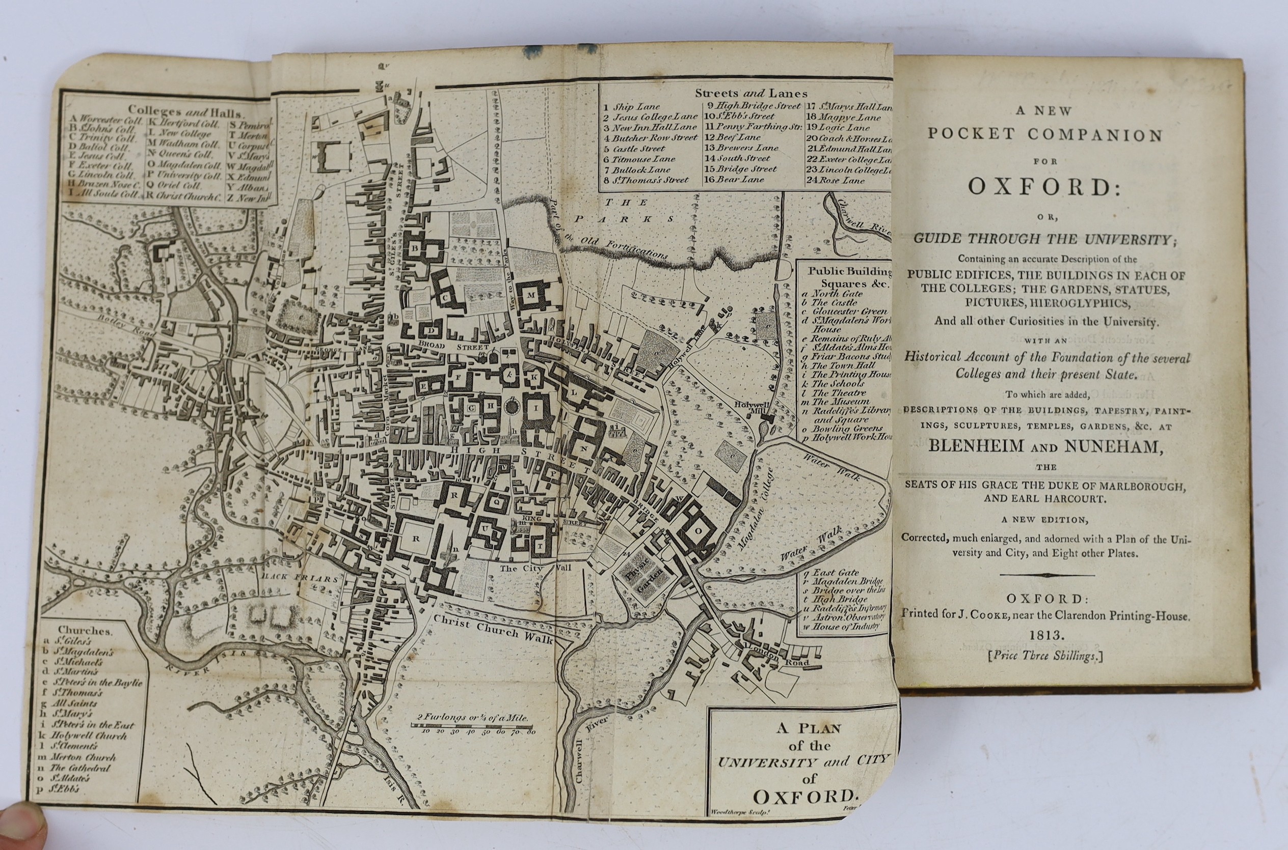 OXON: A New Pocket Companion for Oxford: or, Guide through the University....to which are added, Descriptions (of)....Blenheim, Ditchley, Heythrop, Nuneham, and Stour....new edition, corrected (etc.) folded plan and 6 pl